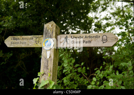 a bilingual pembrokeshire coast national park footpath sign, newport wales uk Stock Photo