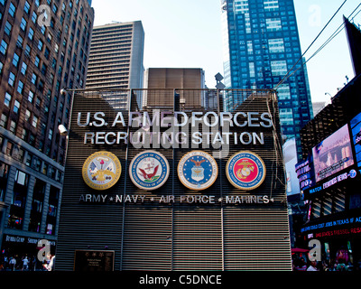 All services are represented at the busy military recruitment station in Times Square, midtown Manhattan, New York City. Stock Photo