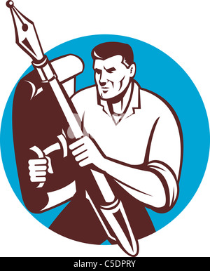 illustration of a male writer journalist wielding holding a pen and shield made of paper set inside circle. Stock Photo