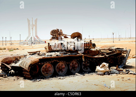 a blow up, destroyed T80 tank in the Libya desert Stock Photo