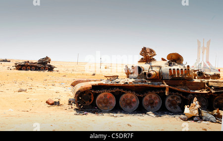 a blow up, destroyed T80 tank in the Libya desert Stock Photo