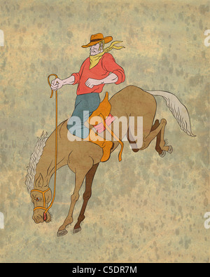illustration of rodeo cowboy riding bucking horse bronco done in cartoon style Stock Photo