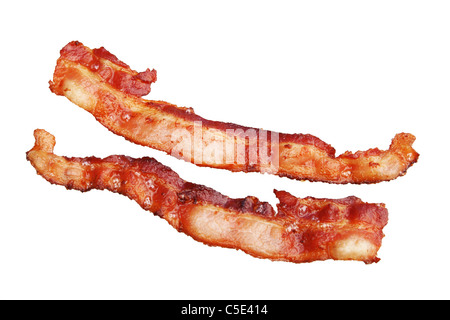 two strips of cooked bacon isolated on white background Stock Photo
