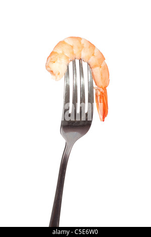 Shrimp on fork, photo on the white background Stock Photo