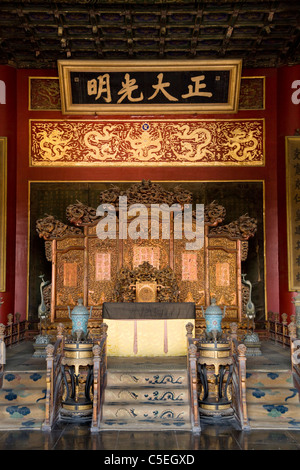 Throne inside The Palace of Heavenly Purity – QIAN QING GONG – inside the Forbidden City in Beijing, China. Stock Photo