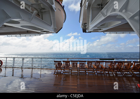 Deck chairs on the Promenade, Deck 7, Queen Mary Ocean Liner. Stock Photo