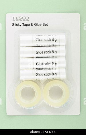 Pack of Tesco glue sticks and sticky tape. Stock Photo