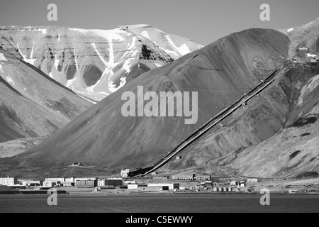 Pyramiden - abandoned Russian coal mining settlement in Svalbard - black and white Stock Photo