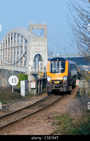 Royal Albert Railway Bridge with Cross-Country Express Passenger Train, Plymouth, Devon, England, United Kingdom Stock Photo