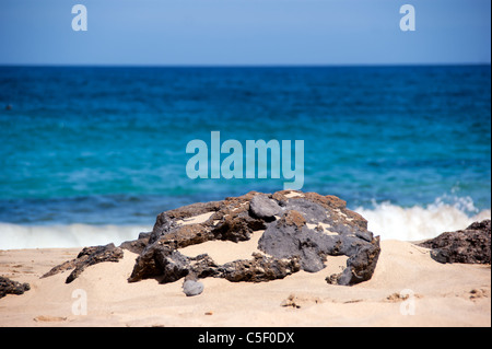 rock detail with ocean in the background, playa mujeres, lanzarote, canary islands Stock Photo