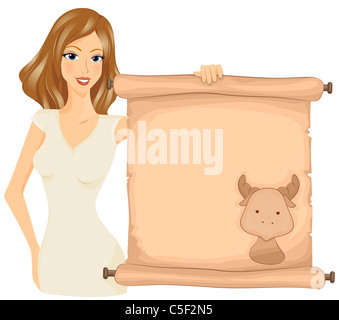 A Taurean Holding a Scroll With the Image of a Bull Printed on it Stock Photo