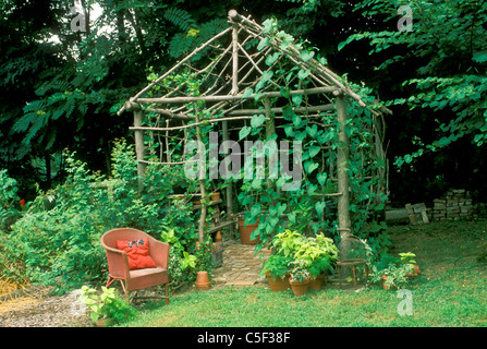 A unique garden work room and shed made of cut locust branches covered with growing vines - rustic and pleasing, Midwest USA Stock Photo
