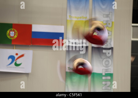 Trampoline : 2011 FIG Trampoline World Cup Series Kawasaki Men's Synchro Final at Todoroki Arena, Kanagawa, Japan. Stock Photo