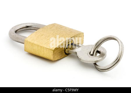 Padlock and key over white Stock Photo