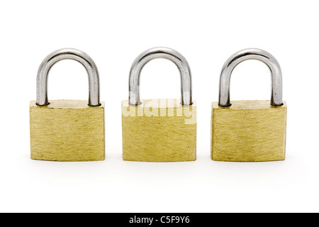 Three padlocks in a row isolated on white Stock Photo