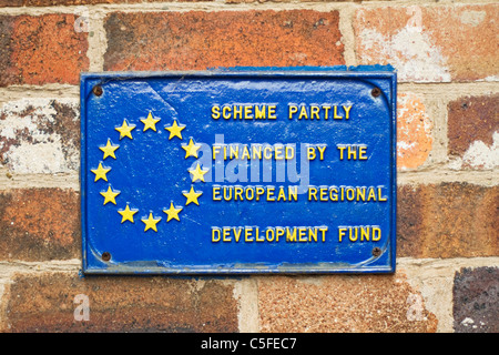 Sign at Blists Hill Irongbridge Gorge museum showing that the site was partly financed by the European Regional Development Fund Stock Photo