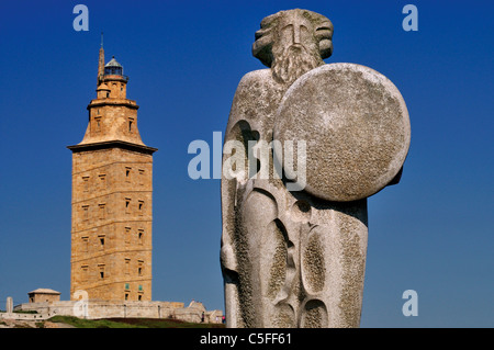 Spain, Galicia: Torre Hercules and statue of Breogan in A Coruna Stock Photo