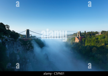 Morning mist in the Avon Gorge at Clifton Suspension Bridge. Bristol. England. UK. Stock Photo