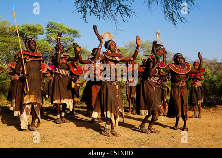 Pokot people doing traditional dancing. They live in the West and Baringo districts of Kenya. Stock Photo