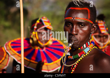 Pokot people doing traditional dancing. They live in the West and Baringo districts of Kenya. Stock Photo