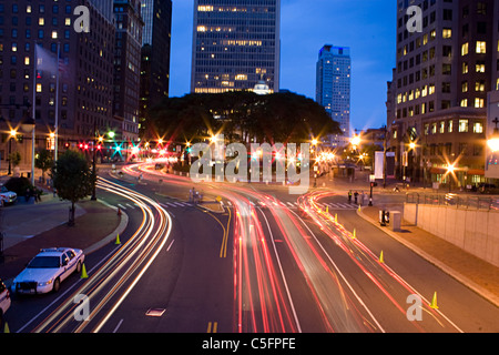Traffic and light trails - long exposure photography in downtown Hartford Connecticut. Stock Photo