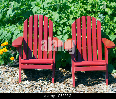 Two Adirondack chairs in a row at the edge of Long Lake 