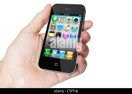 Galati, Romania - July 10, 2011: Apple IPhone 4s, smart phone displaying the home screen with applications Stock Photo