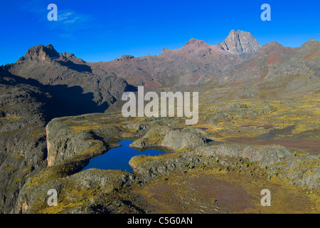 Mount Kenya is the highest mountain in Kenya and the second-highest in Africa and sits just south of the equator. Stock Photo