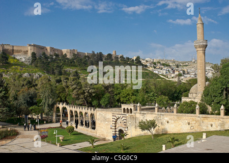 Sanliurfa Fortress and Golbasi Park with Rizvaniye Camii (mosque), Sanliurfa (Urfa), Turkey Stock Photo