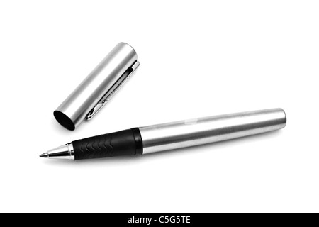 A silver ballpoint pen with its cap off, perfect for taking notes or signing documents. Stock Photo