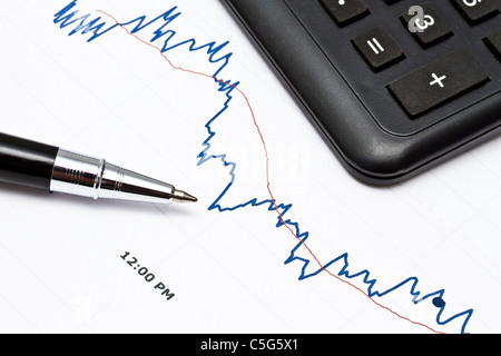 A pen points to a financial graph indicating a decline, with a calculator nearby. Stock Photo
