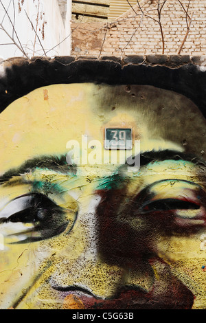 Graffiti on wall of derelict house in Spain with house on forehead Stock Photo