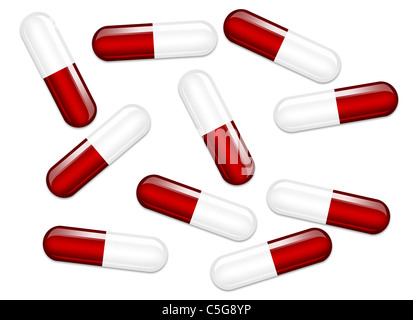 Various Red and White Capsule style pills Stock Photo