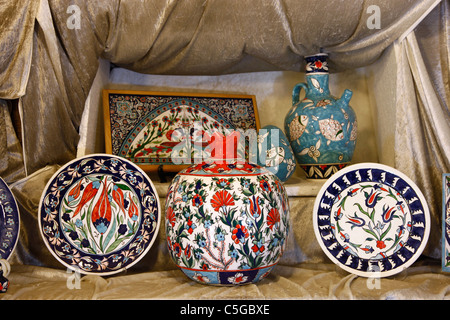 Hand painted authentic Armenian ceramics and pottery for sale at an Armenian tile workshop East Jerusalem Israel Stock Photo