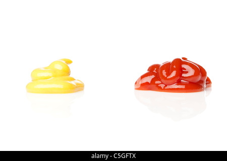 A mustard and ketchup splatter against a white background Stock Photo