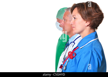 Photo of a nurse, doctor and surgeon in profile isolated against a white background. Stock Photo