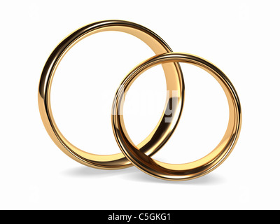 Two golden wedding rings stand next to each other Stock Photo