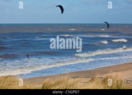 Kite surfing at Sea Palling on the Norfolk Coast Stock Photo