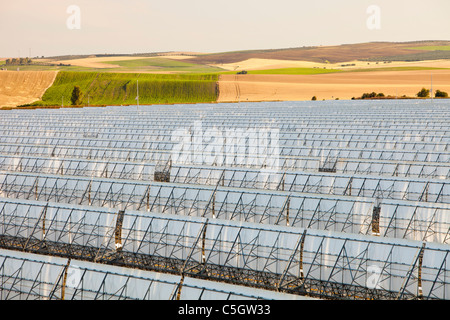 Part of the Solucar solar complex owned by Abengoa energy, in Sanlucar La Mayor, Andalucia, Spain. Stock Photo