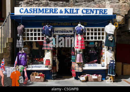 Shop selling kilts on Canongate, The Royal Mile, Edinburgh, Scotland, UK Stock Photo