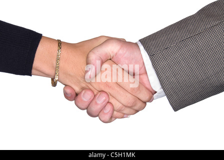 Male and female partners shaking hands after a negotiating a contract agreement Stock Photo