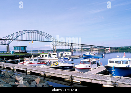 Miramichi, New Brunswick, Canada - Commercial Fishing Boats docked at Marina beside Centennial Bridge on Miramichi River Stock Photo