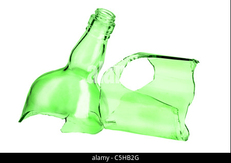 Parts of broken green bottle isolated on white background Stock Photo