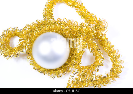 Christmas silver bauble on gold Christmas chain Stock Photo