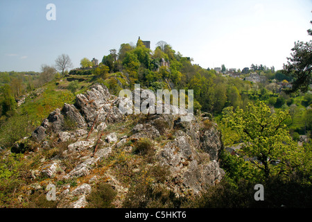 Castle Domfront on the spur of the gorge of the river Varenne in Normandy (France) Stock Photo