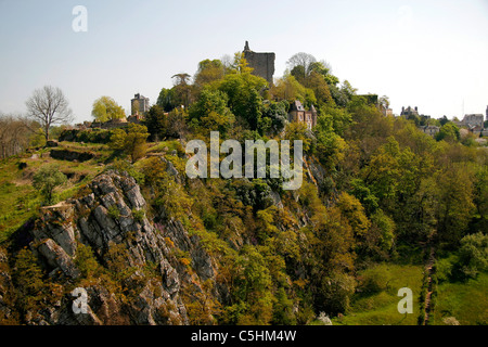 Castle Domfront on the spur of the gorge of the river Varenne in Normandy (France). Stock Photo