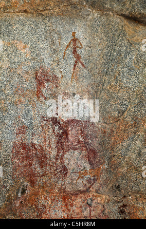 Ancient cave paintings within the White Rhino Caves at the Rhodes-Matopos National Park close to Bulawayo, Zimbabwe. Stock Photo