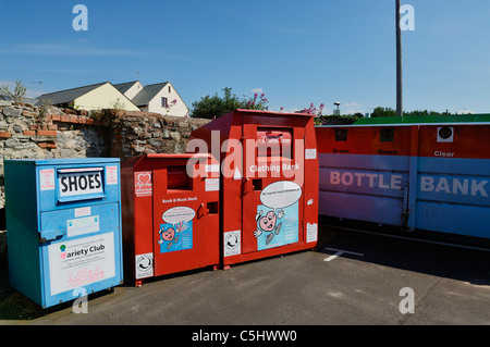 Recycling bins in a car park at Watchet, Somerset, England. Stock Photo