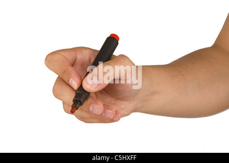 male hand with red marker isolated on white background Stock Photo