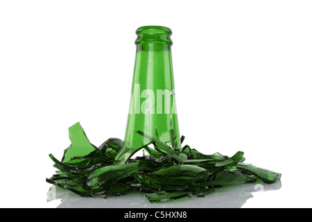 close up of broken green bottle on white background Stock Photo